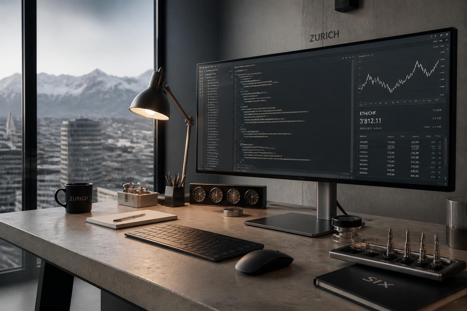 Zurich fintech engineering desk with code, charts and mountain view through a window