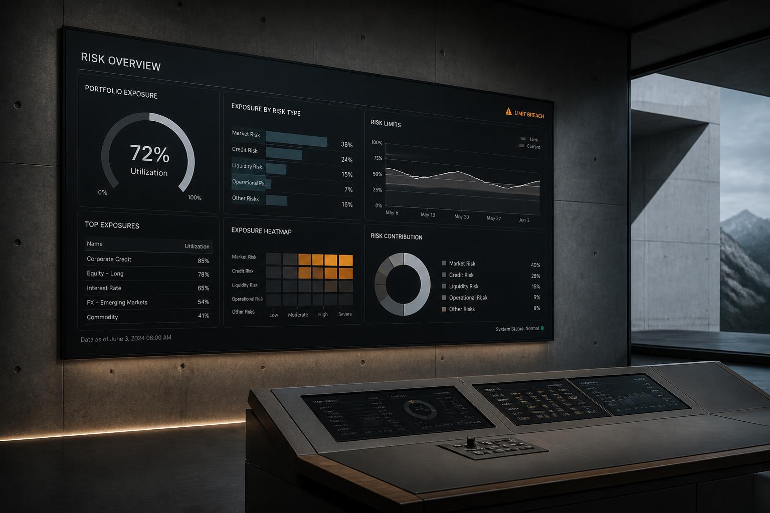 Swiss risk-control room with a large exposure dashboard and a single amber limit breach alert